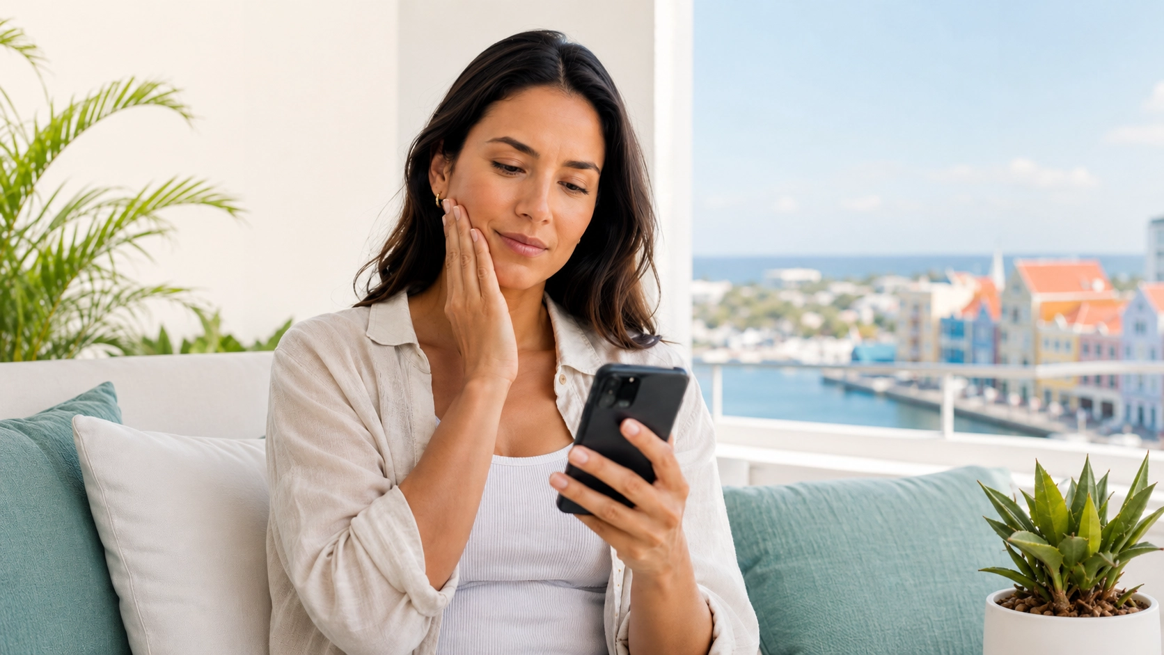 Visitante en Curaçao con molestia dental usando su celular para contactar a CEOC Curaçao