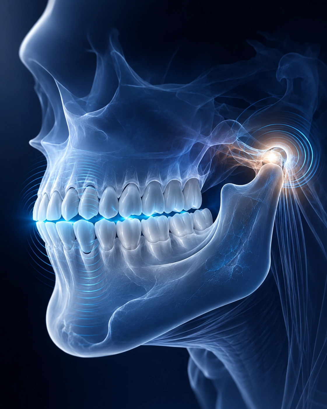 Representación clínica del bruxismo con presión mandibular y apretamiento dental