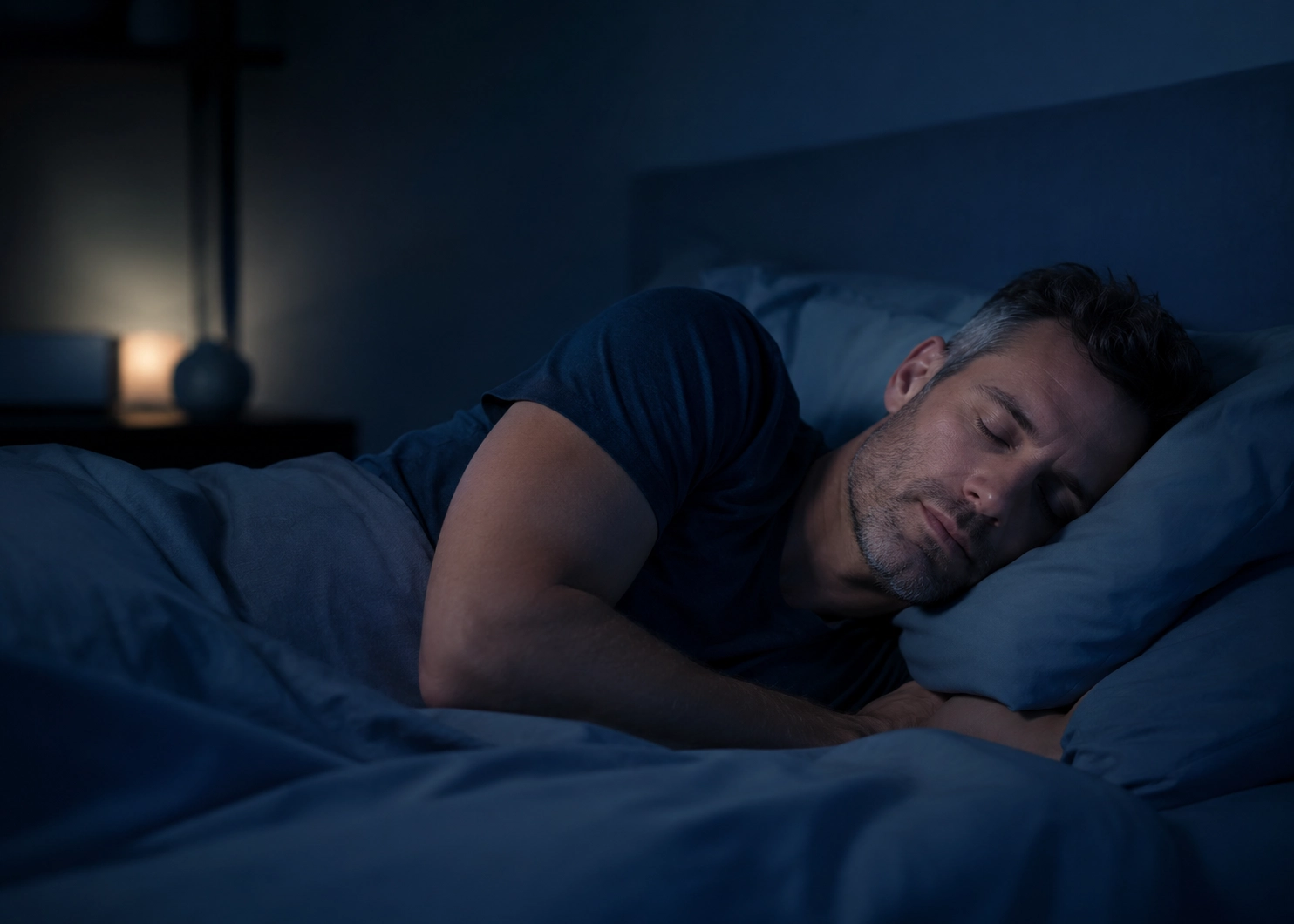 Persona durmiendo durante la noche, relacionada con ronquido, descanso y evaluación odontológica del sueño