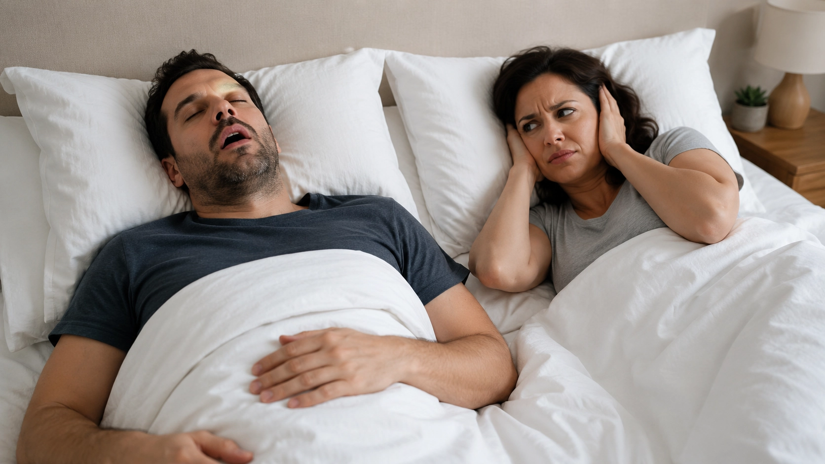 Mujer sin poder descansar mientras su pareja ronca en la cama